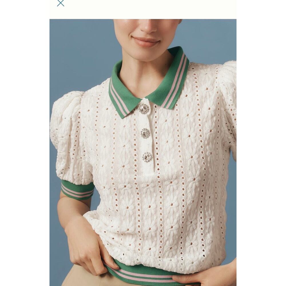 NWT / ANTHROPOLOGIE / XS / MSRP $78 / MAEVE PUFF SLEEVE LACE POLO TOP